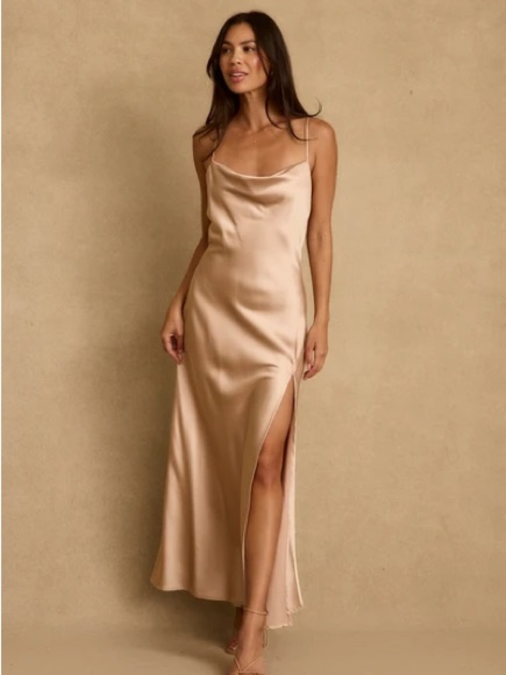 Natalia champagne cowl neck midi dress 12th tribe